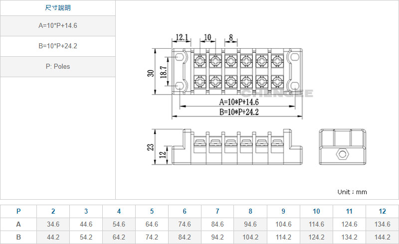 連結式電木端子台 10A 尺寸圖