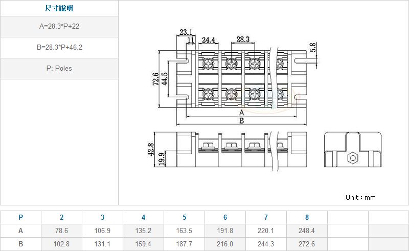 連結式電木端子台 150A 尺寸圖