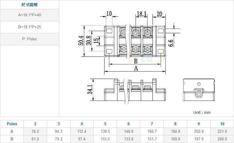 連結式電木端子台 60A 尺寸圖