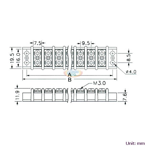 Double Row Terminal Blocks 10A Dimension